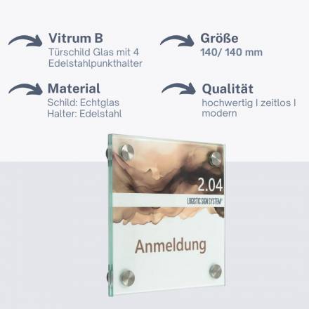 Tuerschild VITRUM B aus Glas fuer Buero 140 140 B4